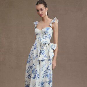 V. CHAPMAN Vera Ruffle Corset Midi Dress In Provencal Blue Floral (size 10) NWT